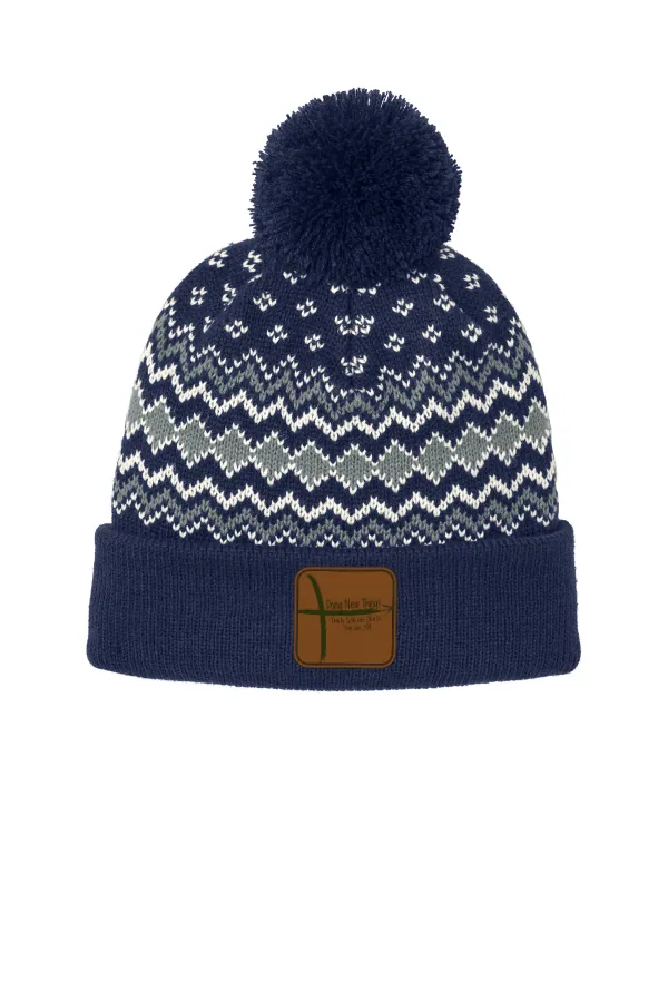 Port Port Authority Pom Beanie in True Navy/ Gusty Grey/ Marshmallow — C991