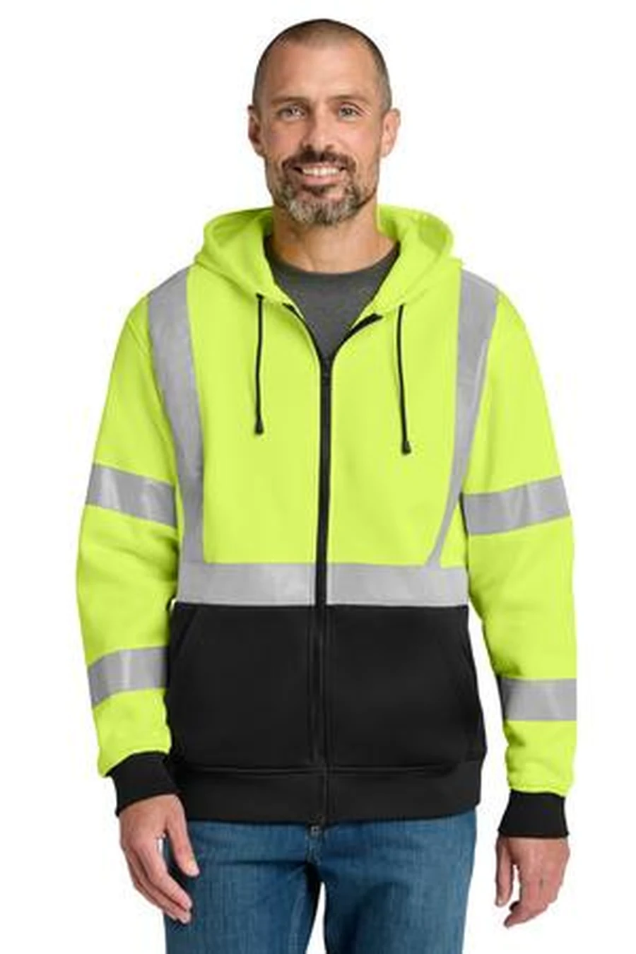 CornerStone (SanMar) ANSI 107 Class 3 Hi-Vis Full-Zip Hooded Sweatshirt in Safety Yellow/Black — CSF300