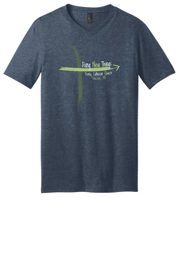 District Adult V-Neck Tee (Printed) in Heather Navy — DT6500