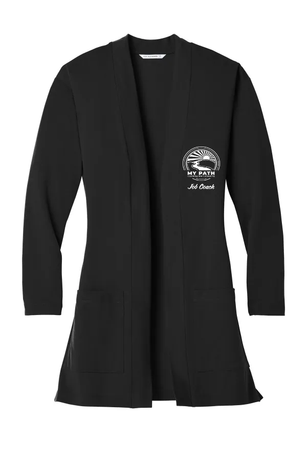 Port Women s Concept Long Pocket Cardigan. Logo 2. EMBROIDERED in Black — LK5434