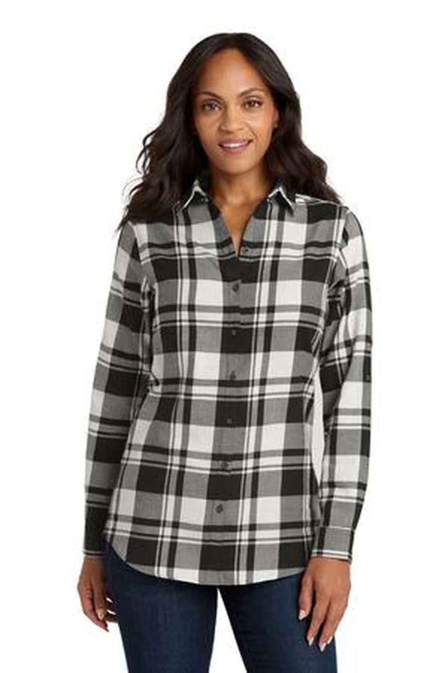 Port Authority (SanMar) Ladies Plaid Flannel Shirt in Black/White Buffalo Check — LW668