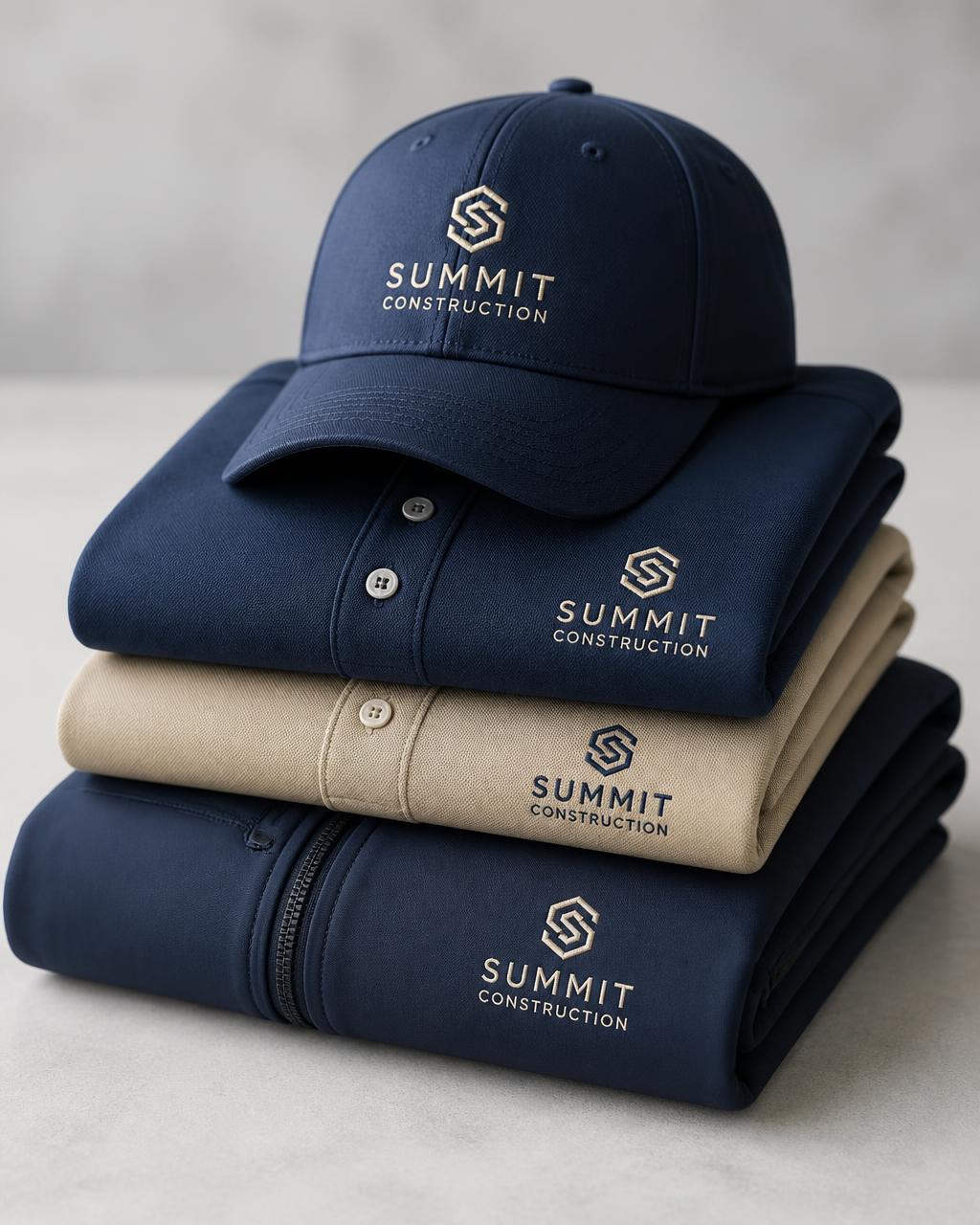 Branded corporate apparel program with folded polos, jacket and cap