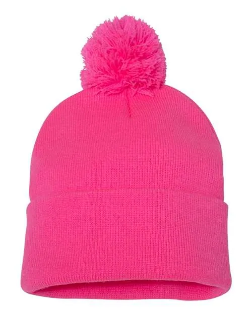 Sportsman 12" Pom-Pom Cuffed Beanie in Neon Pink — SP15