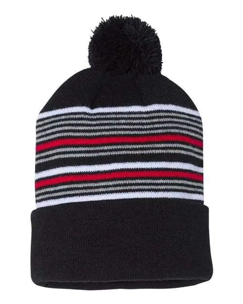 Sportsman 12" Striped Pom-Pom Cuffed Beanie in Black/ White/ Grey/ Red — SP60