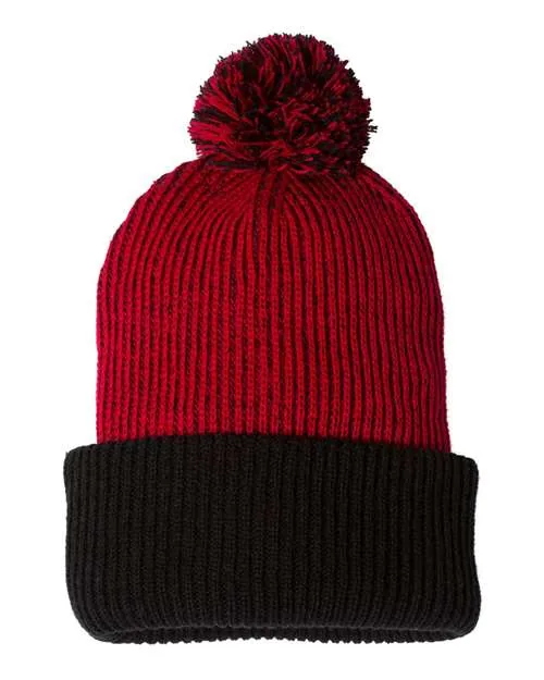 Sportsman 12" Speckled Pom-Pom Cuffed Beanie in Red/ Black — SP70